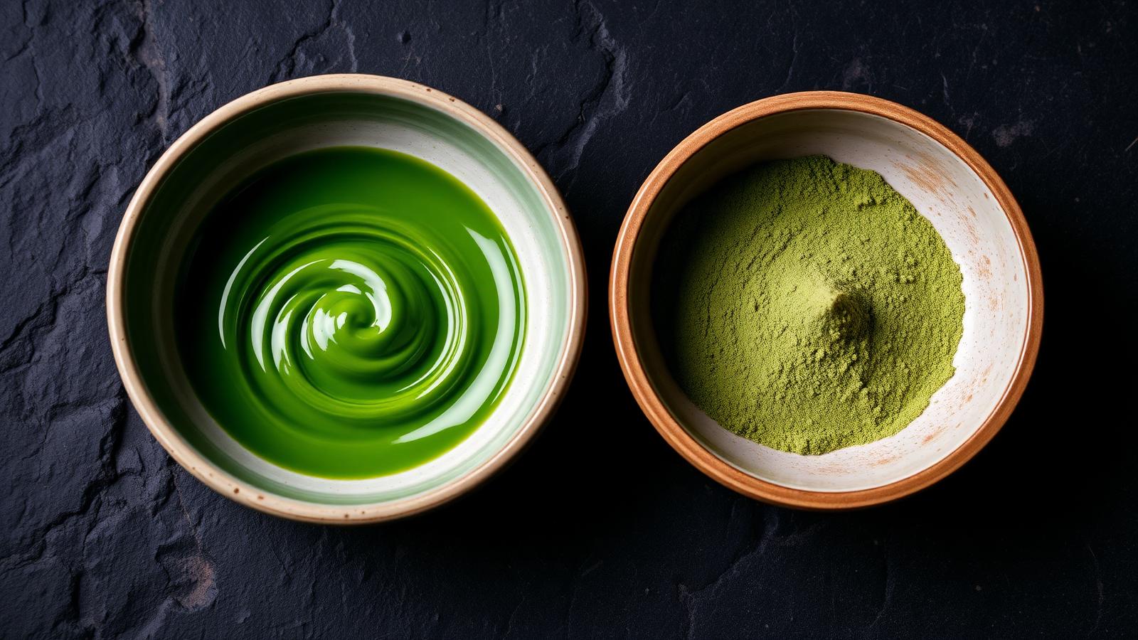 Two bowls side by side comparing bright whisked matcha and duller culinary-grade matcha powder