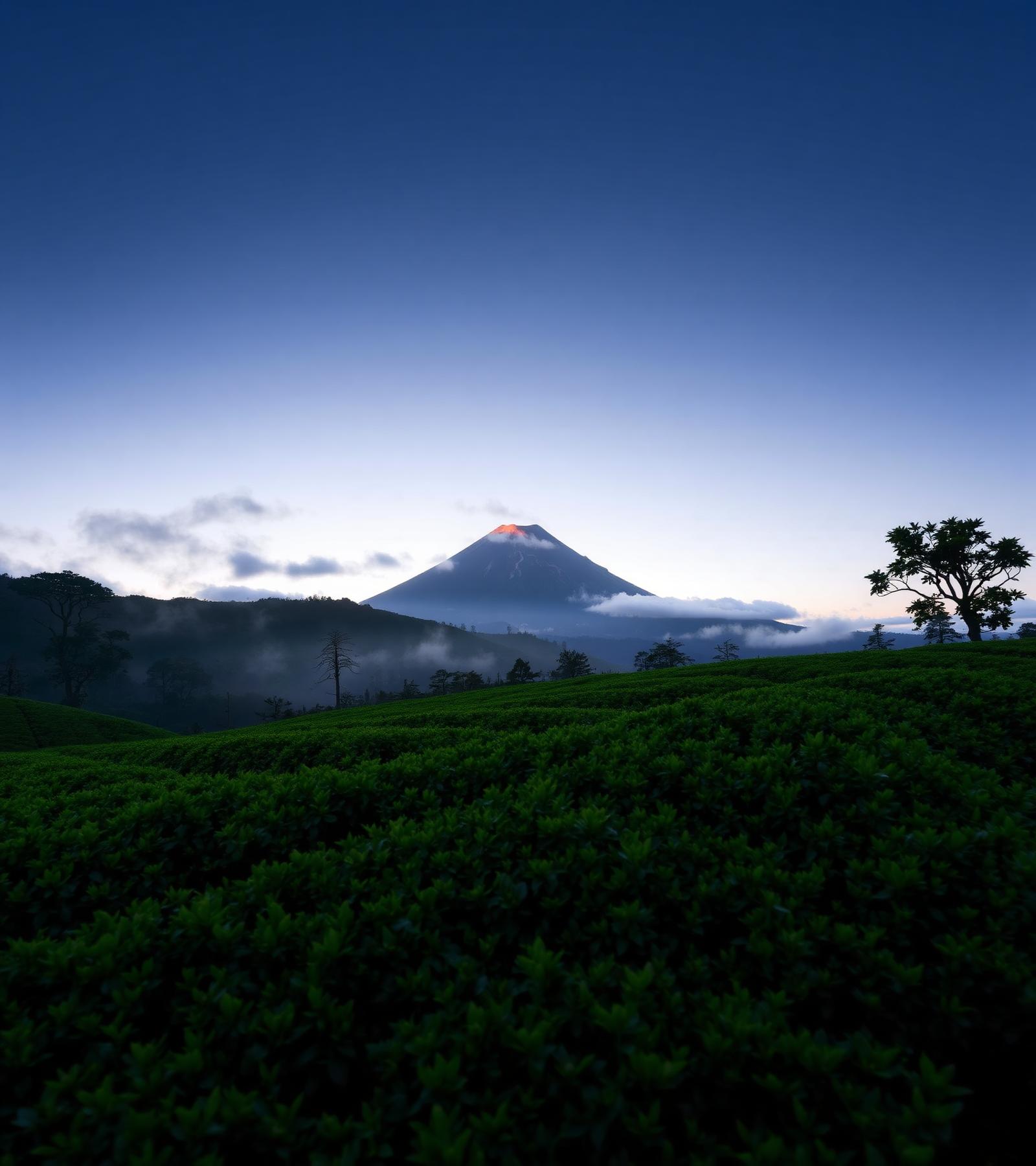 Sakurajima volcano at dawn above Kagoshima tea fields
